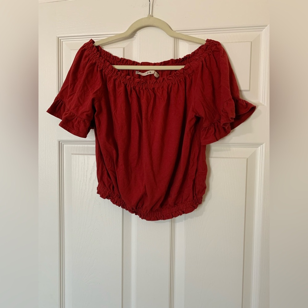 Chelsea & Violet Red Smocked‎ Ruffled Blouse Size Small Boho Casual Summer